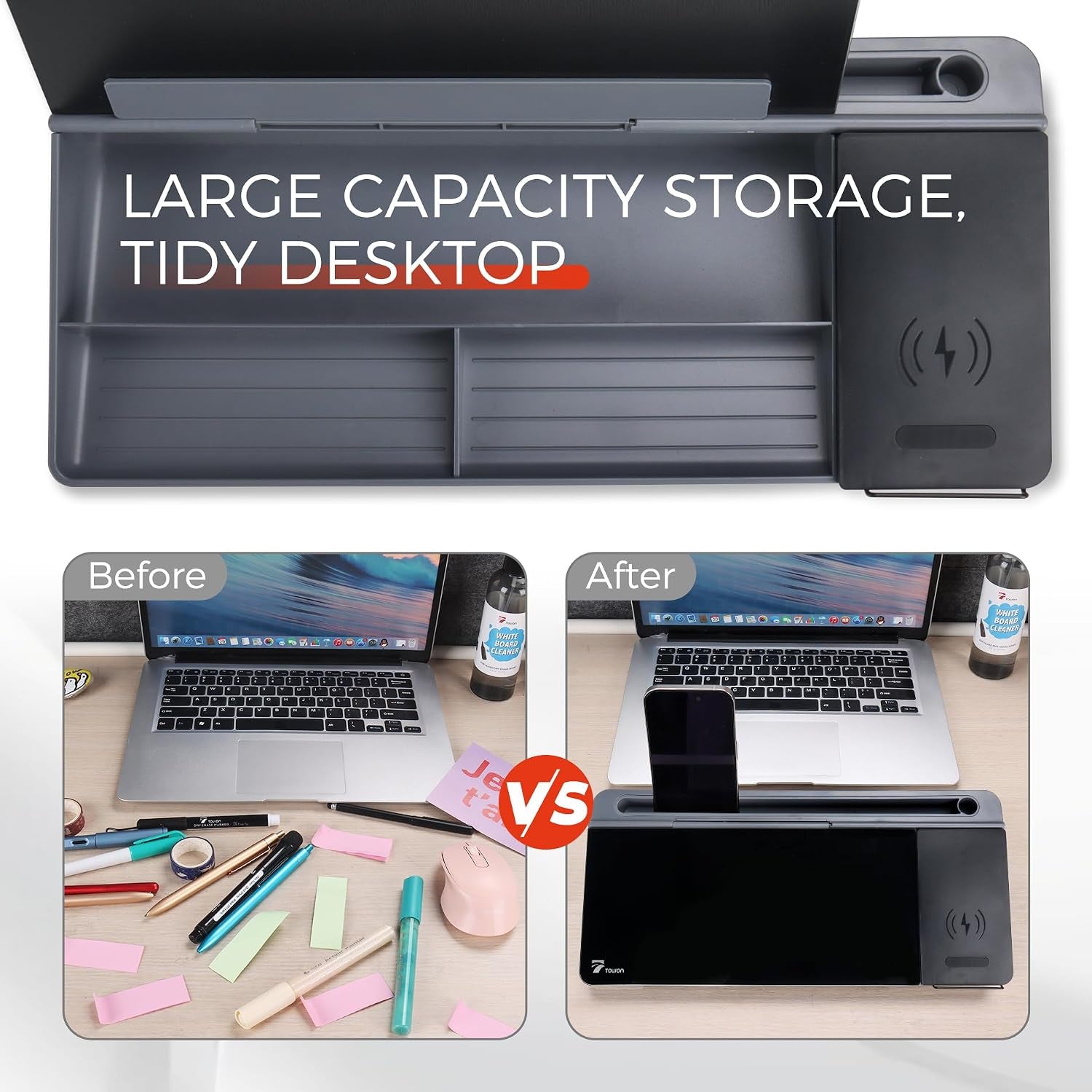 Glass Desk Whiteboard 16X7 In, Wireless Charger and Storage, Black