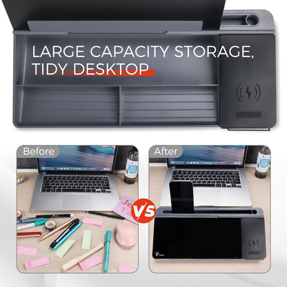 Glass Desk Whiteboard 16X7 In, Wireless Charger and Storage, Black