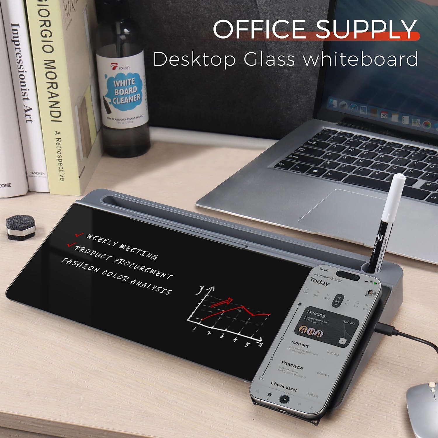 Glass Desk Whiteboard 16X7 In, Wireless Charger and Storage, Black