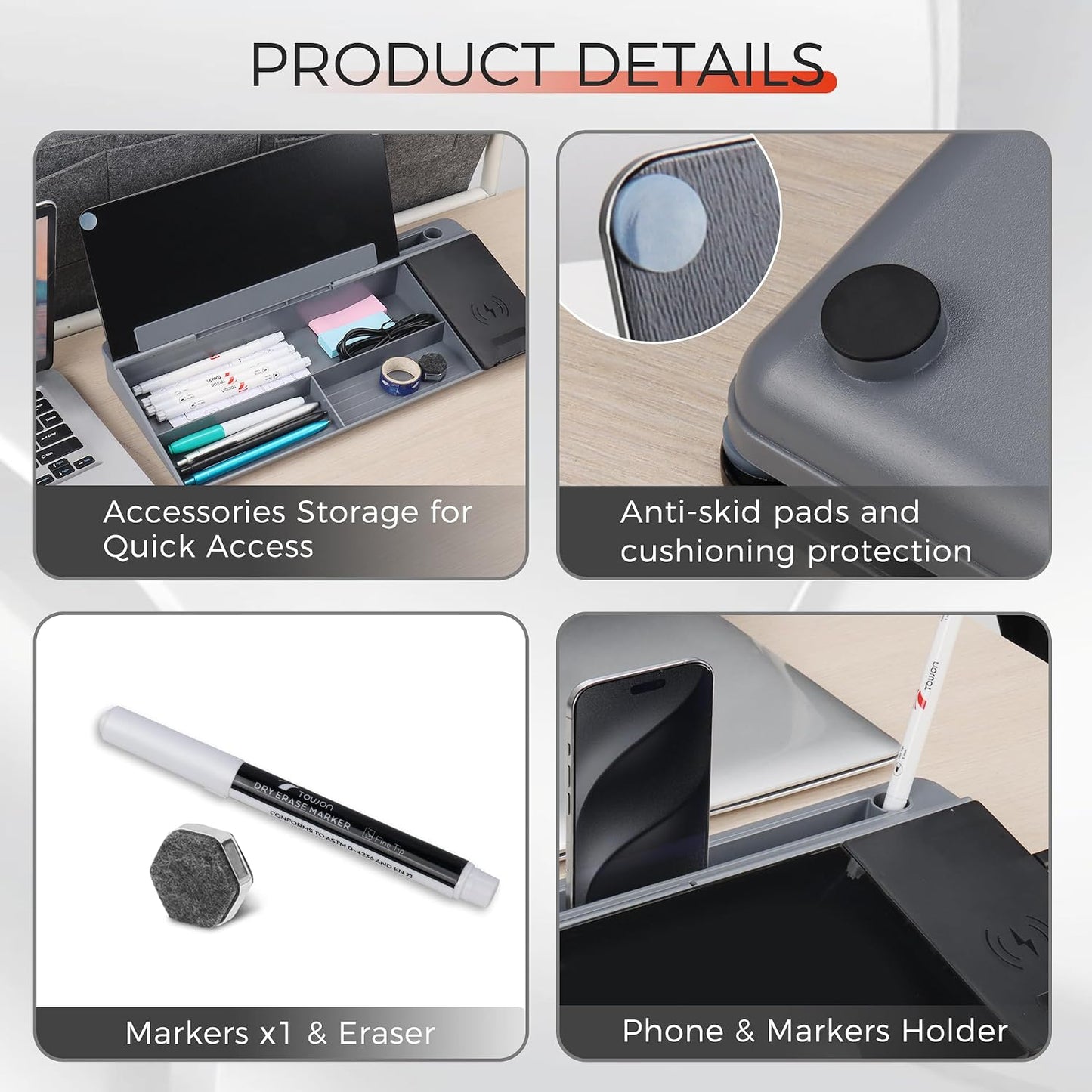 Glass Desk Whiteboard 16X7 In, Wireless Charger and Storage, Black