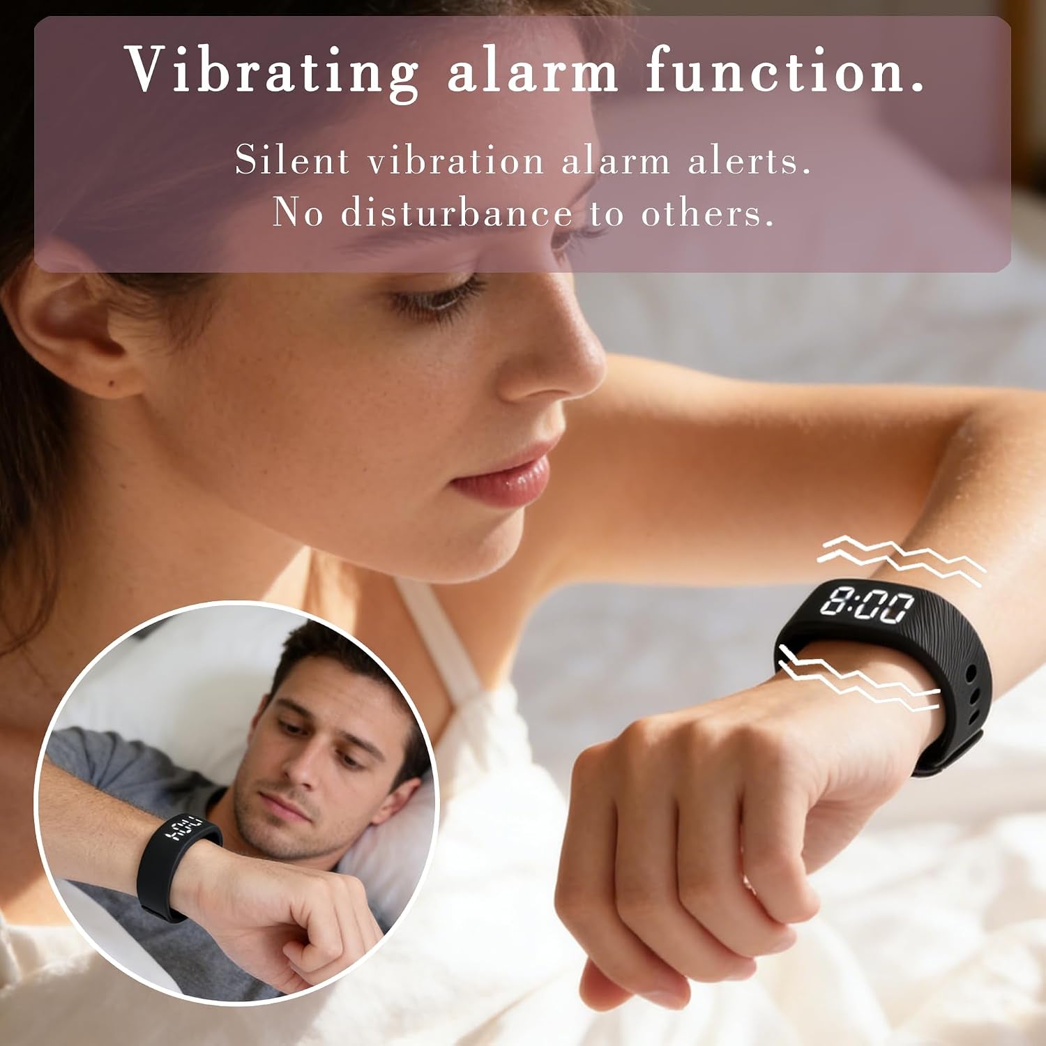 Vibrating Alarm Wristband for Heavy Sleepers, 40-Day Battery Life, Waterproof Silent Shock Watch with USB Charging, Silent Vibration Alarm Clock for Students, Sports, Won‘T Wake Your Partner (Black)