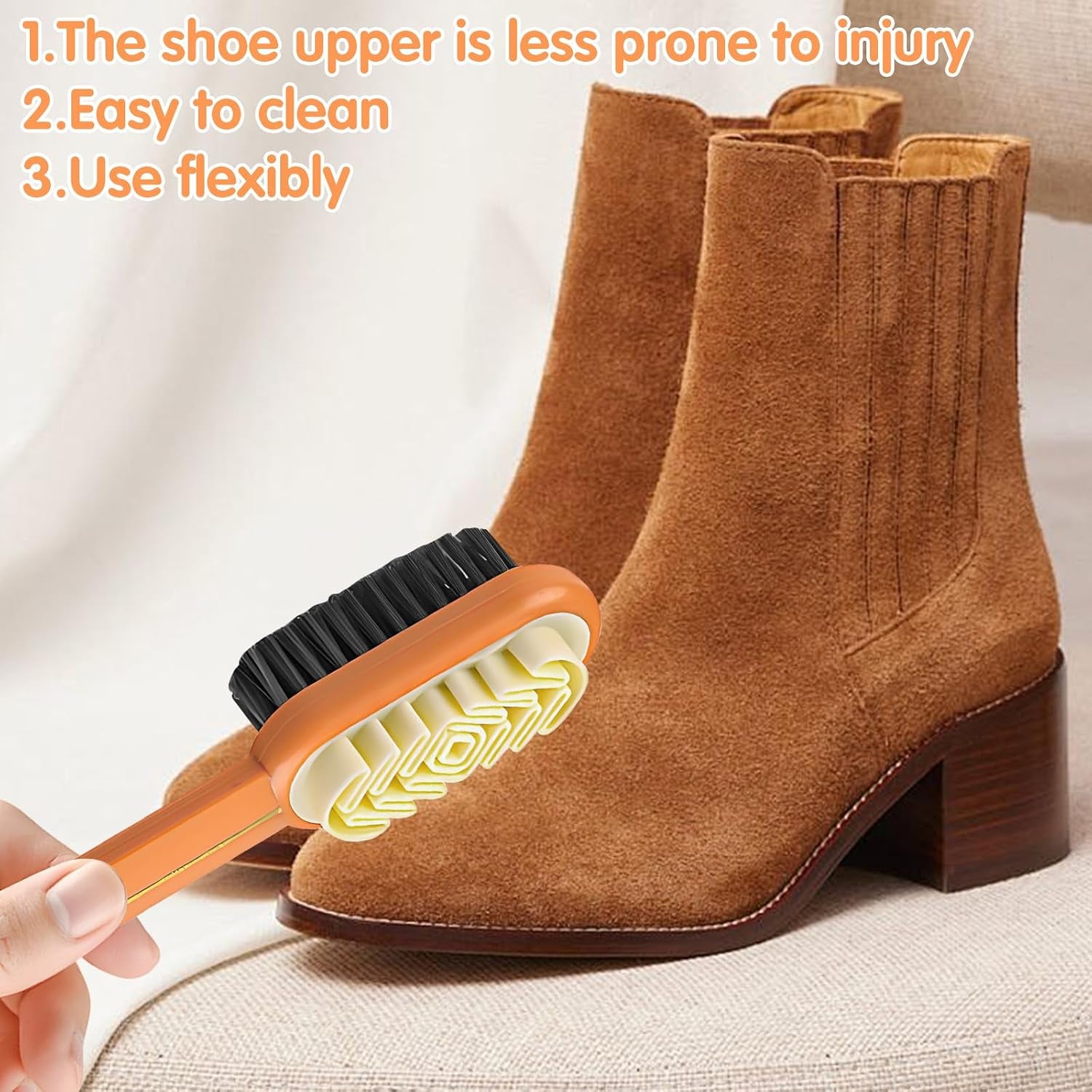 2-In-1 Orange Shoe Brush, Lazy Shoe Brush All-Round Cleaning Tool Soft Plastic Bristles Designed with an Extra-Long Handle, 360° Thorough Cleaning for Suede & Nubuck Cleaning