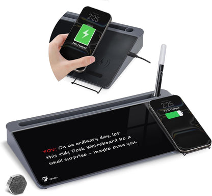 Glass Desk Whiteboard 16X7 In, Wireless Charger and Storage, Black