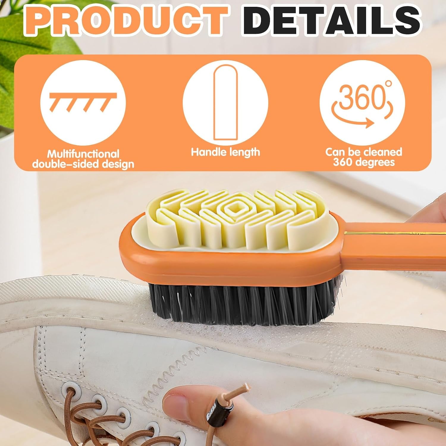 2-In-1 Orange Shoe Brush, Lazy Shoe Brush All-Round Cleaning Tool Soft Plastic Bristles Designed with an Extra-Long Handle, 360° Thorough Cleaning for Suede & Nubuck Cleaning